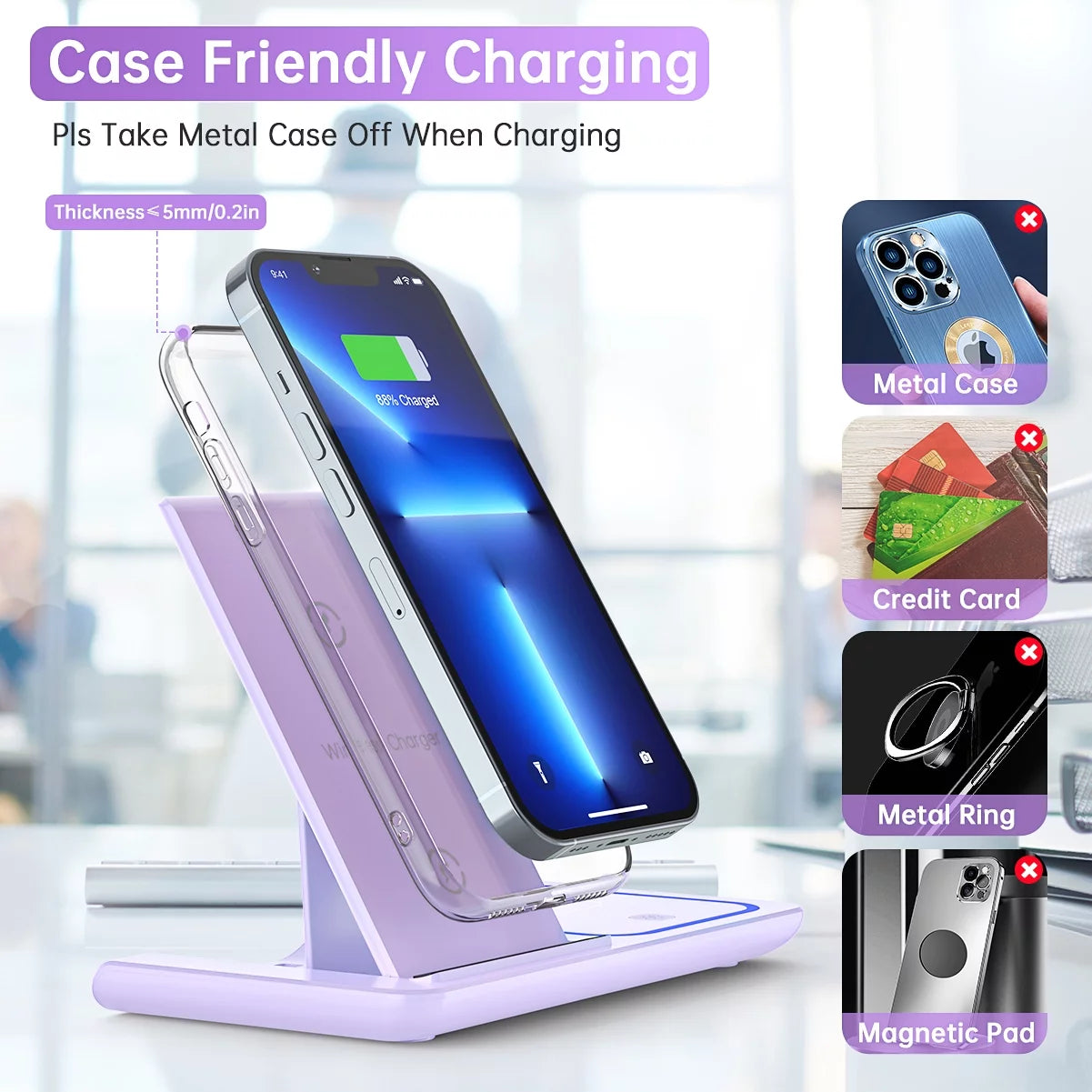 3-in-1 Wireless Charging Station for iPhone, Samsung Galaxy, Apple Watch, and AirPods - 18W Dock (Purple)