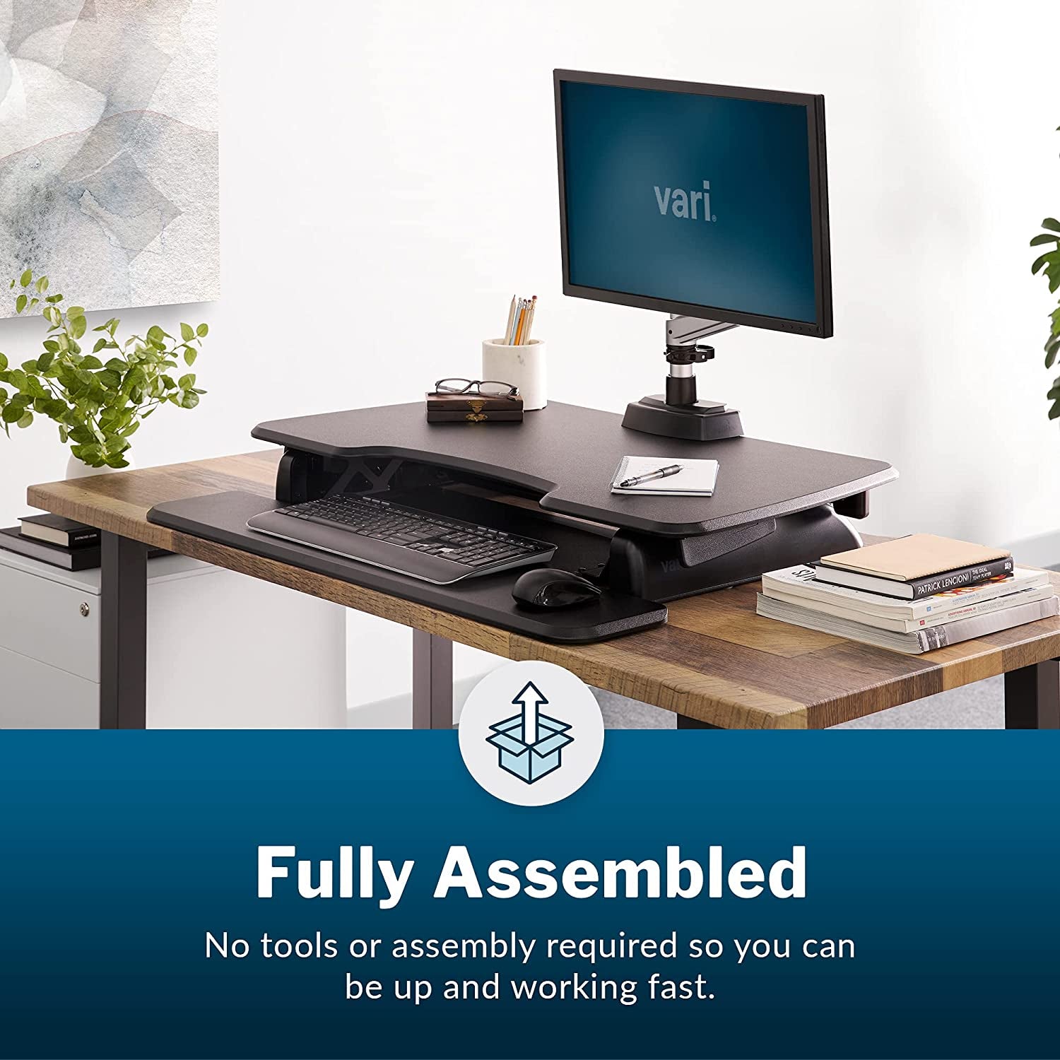 Desk Essential 36 - Two-Tier Height Adjustable Standing Desk Converter for Monitors and Accessories - Fully Assembled 36" Wide Monitor Riser for Home Office - Black