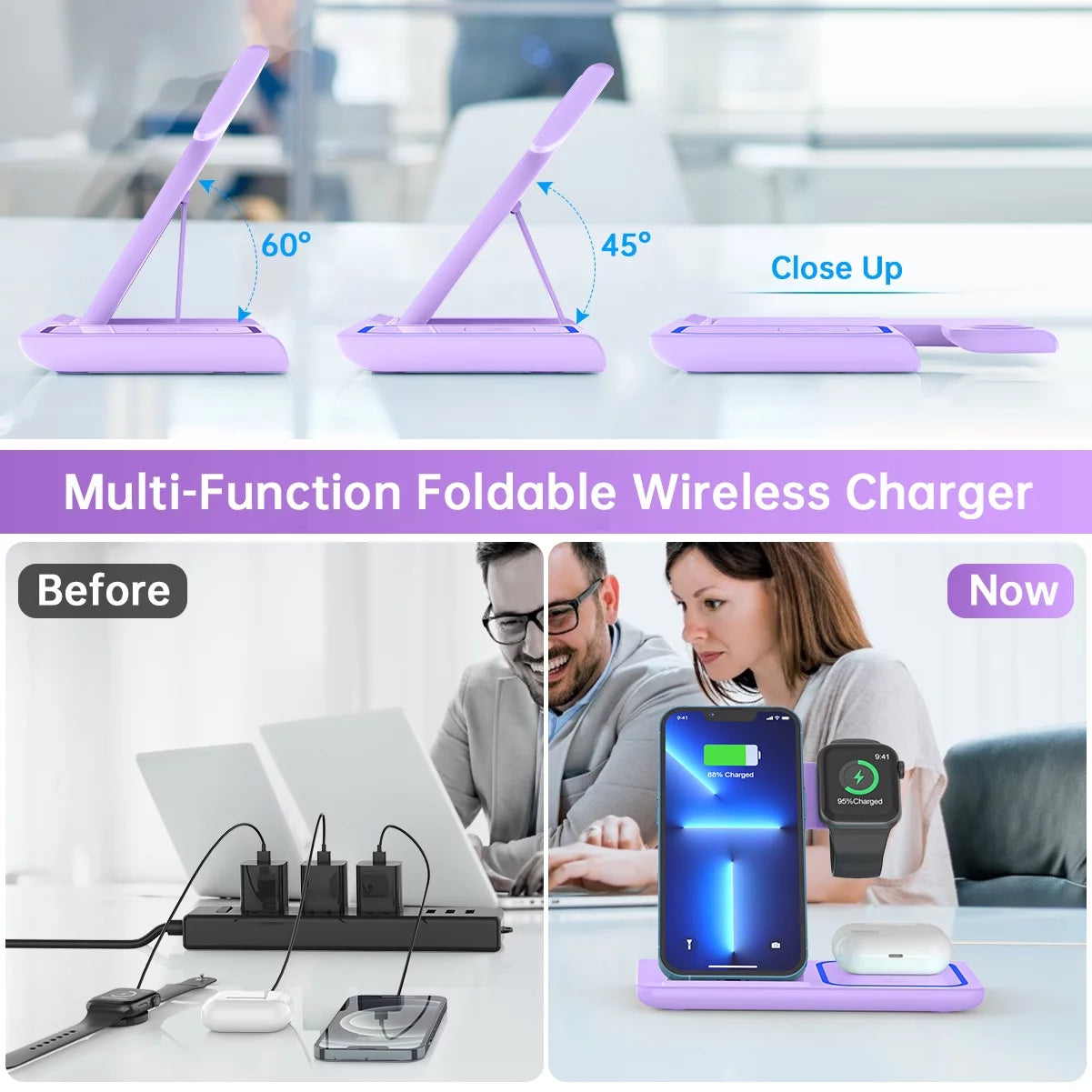 3-in-1 Wireless Charging Station for iPhone, Samsung Galaxy, Apple Watch, and AirPods - 18W Dock (Purple)