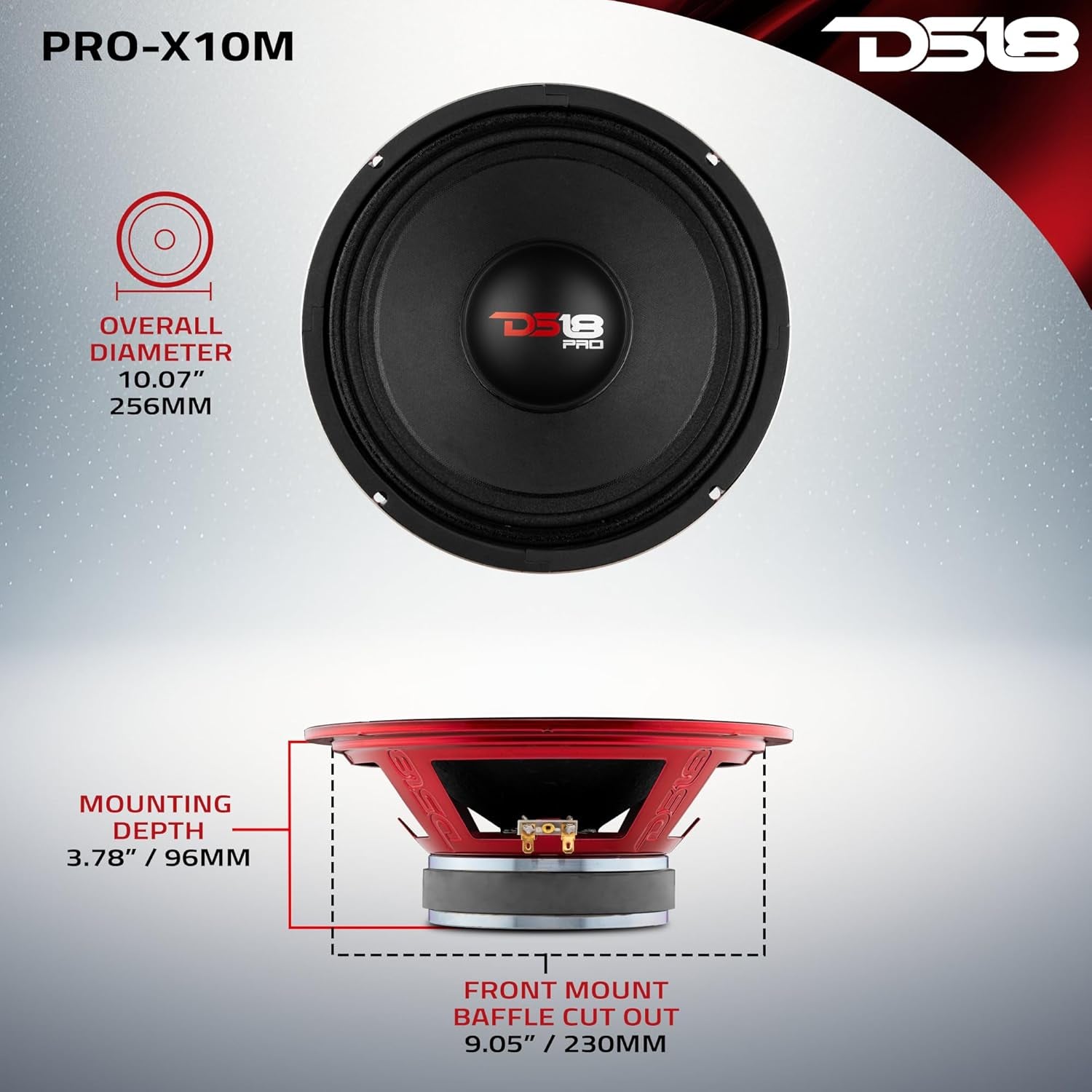 PRO-X10M 10-Inch Midrange Loudspeaker with Red Steel Basket - 600W Max, 300W RMS, 8 Ohms - Premium Quality Audio Speaker for Car or Truck Stereo Systems (Single Unit)