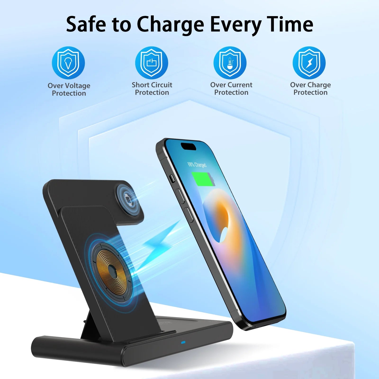 Wireless Charging Station with QC3.0 Magnetic Fast Charging, Compatible with iPhone 16/15/14/13/12/11 Pro Max/XS/XR, Apple Watch Series 9/8/7/6/5/4/3/2/SE, and AirPods 3/2/Pro (Black)