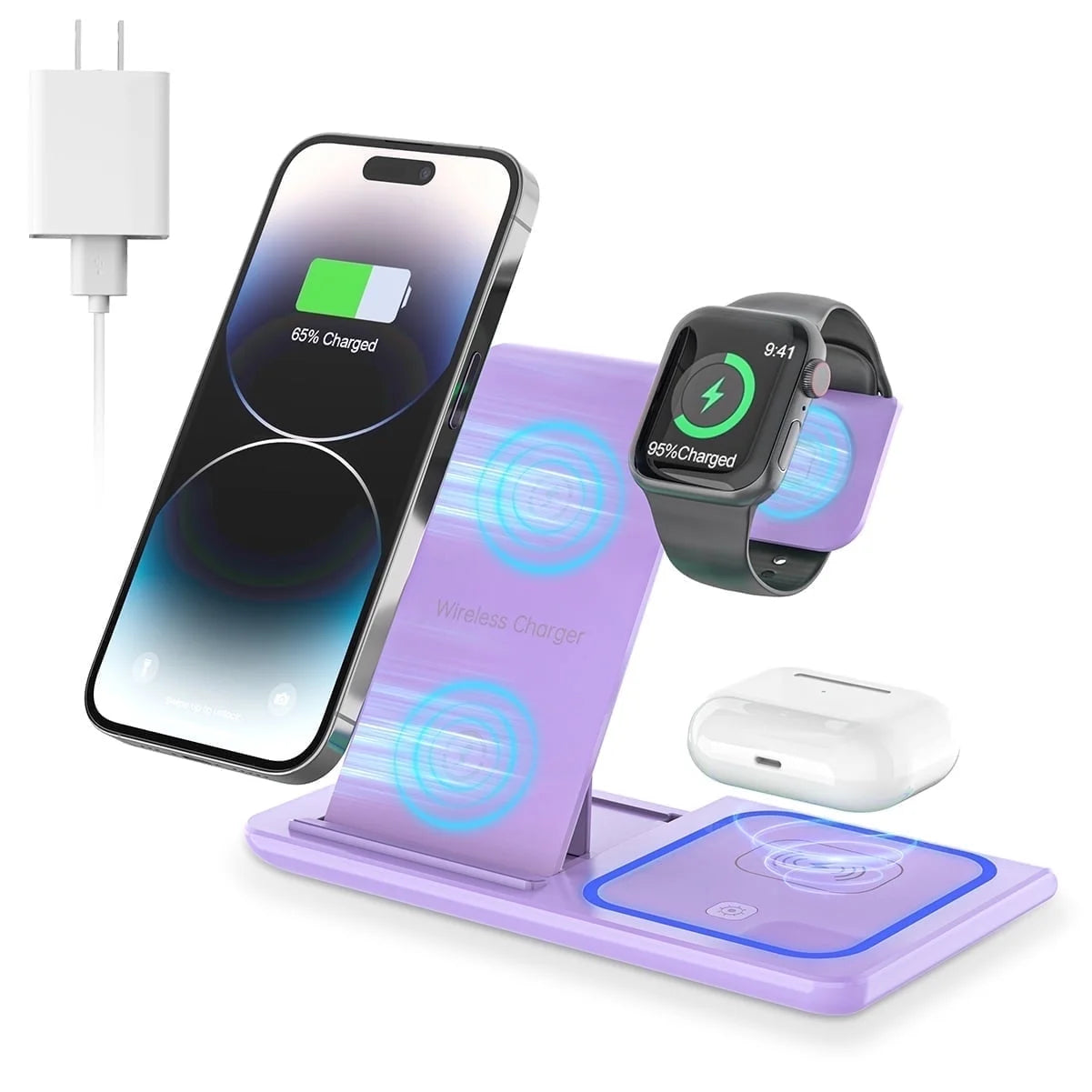 3-in-1 Wireless Charging Station for iPhone, Samsung Galaxy, Apple Watch, and AirPods - 18W Dock (Purple)