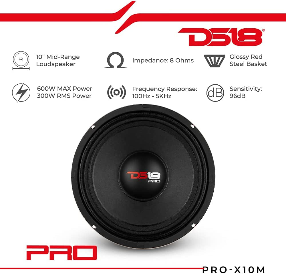 PRO-X10M 10-Inch Midrange Loudspeaker with Red Steel Basket - 600W Max, 300W RMS, 8 Ohms - Premium Quality Audio Speaker for Car or Truck Stereo Systems (Single Unit)