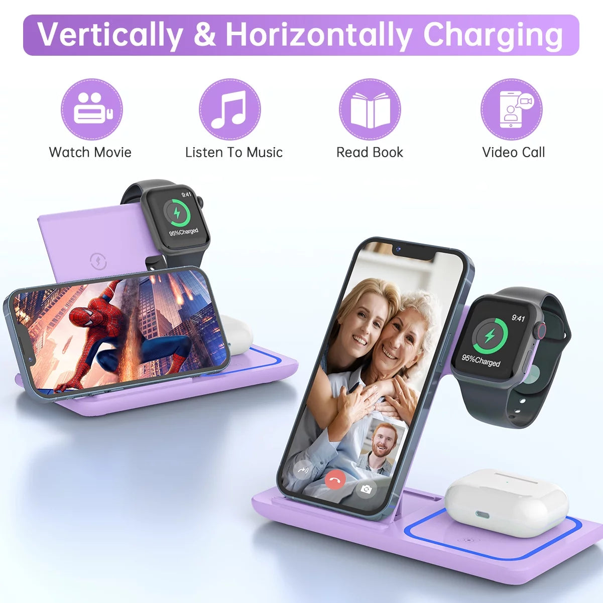 3-in-1 Wireless Charging Station for iPhone, Samsung Galaxy, Apple Watch, and AirPods - 18W Dock (Purple)