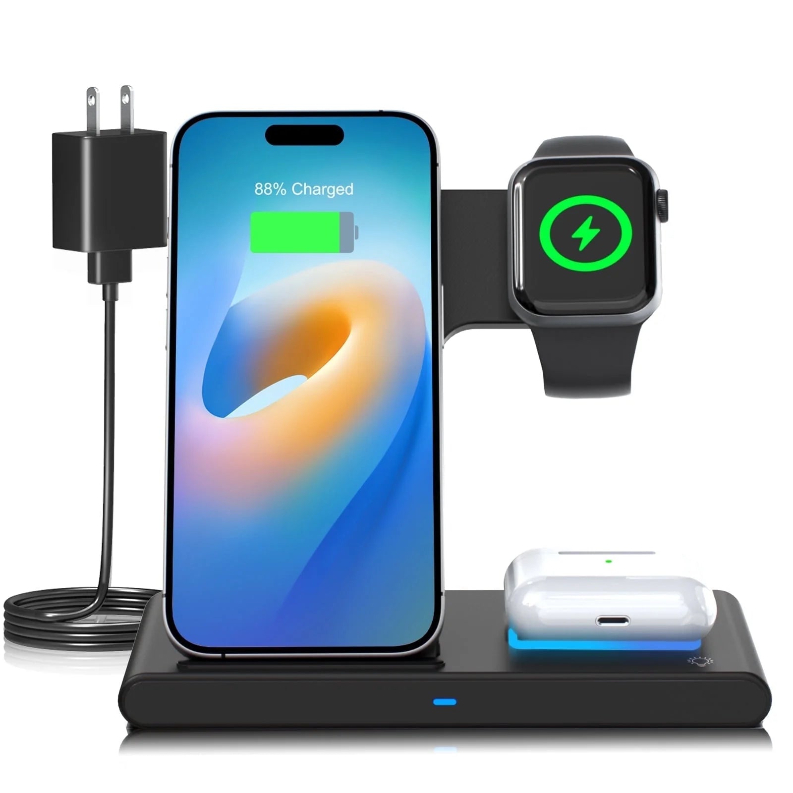 Wireless Charging Station with QC3.0 Magnetic Fast Charging, Compatible with iPhone 16/15/14/13/12/11 Pro Max/XS/XR, Apple Watch Series 9/8/7/6/5/4/3/2/SE, and AirPods 3/2/Pro (Black)