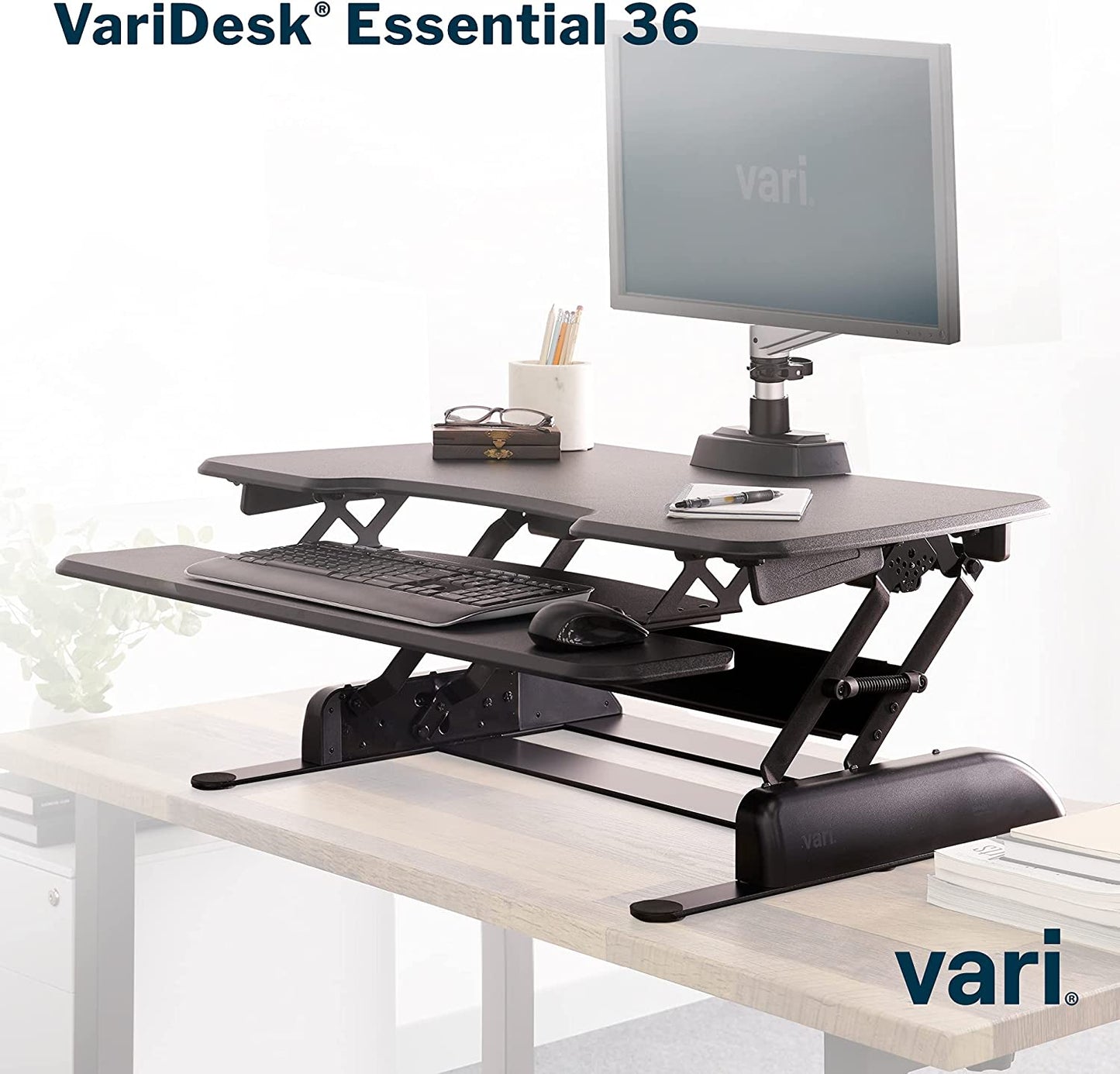 Desk Essential 36 - Two-Tier Height Adjustable Standing Desk Converter for Monitors and Accessories - Fully Assembled 36" Wide Monitor Riser for Home Office - Black