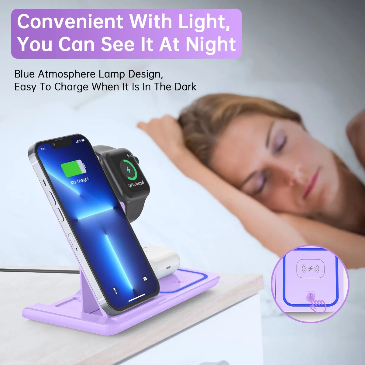 3-in-1 Wireless Charging Station for iPhone, Samsung Galaxy, Apple Watch, and AirPods - 18W Dock (Purple)