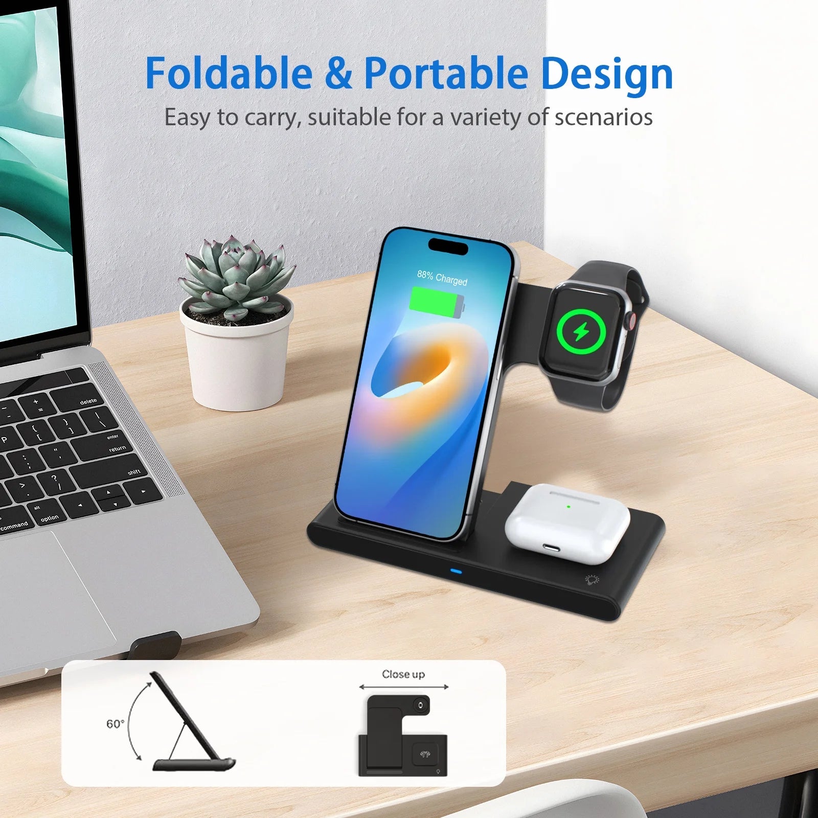 Wireless Charging Station with QC3.0 Magnetic Fast Charging, Compatible with iPhone 16/15/14/13/12/11 Pro Max/XS/XR, Apple Watch Series 9/8/7/6/5/4/3/2/SE, and AirPods 3/2/Pro (Black)