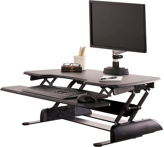 Desk Essential 36 - Two-Tier Height Adjustable Standing Desk Converter for Monitors and Accessories - Fully Assembled 36" Wide Monitor Riser for Home Office - Black