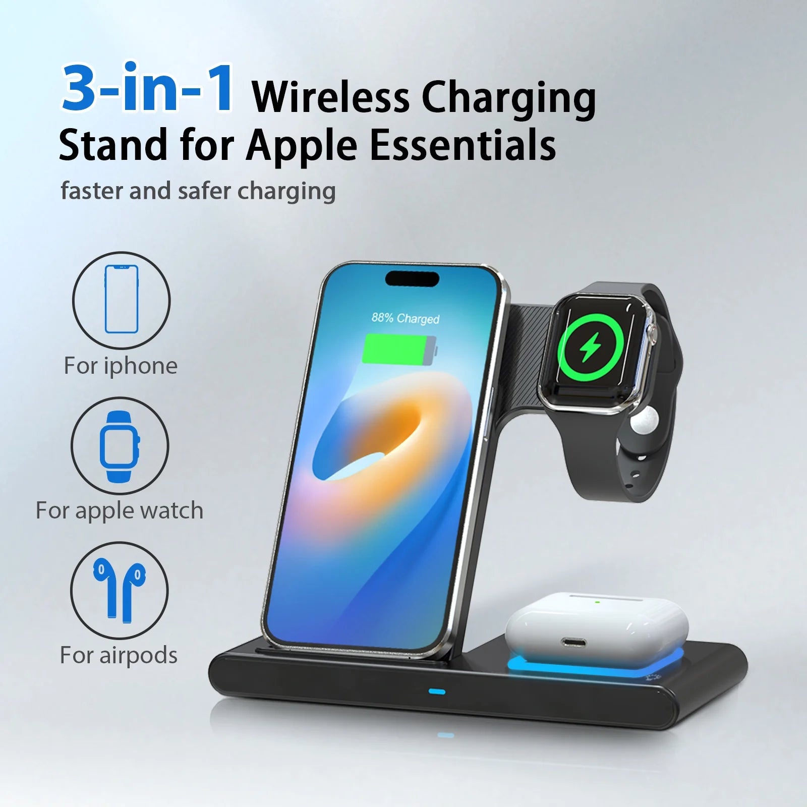 Wireless Charging Station with QC3.0 Magnetic Fast Charging, Compatible with iPhone 16/15/14/13/12/11 Pro Max/XS/XR, Apple Watch Series 9/8/7/6/5/4/3/2/SE, and AirPods 3/2/Pro (Black)