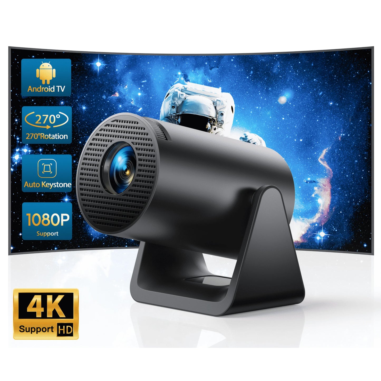 Mini Projector with Auto Keystone Correction, WiFi and Bluetooth Connectivity, 4K Support, 270° Rotation, 300 ANSI Lumens, Android TV Integration, Ideal for Home Theater and Compatible with iOS/Android/TV Stick